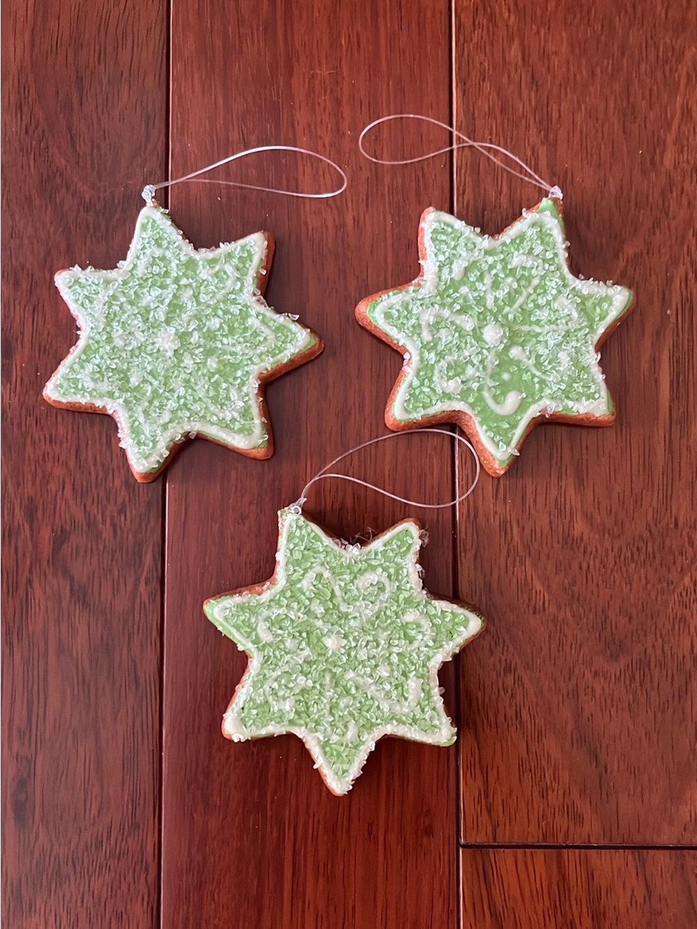 3 Green and White Gingerbread Cookie Snowflake Holiday Christmas Ornaments